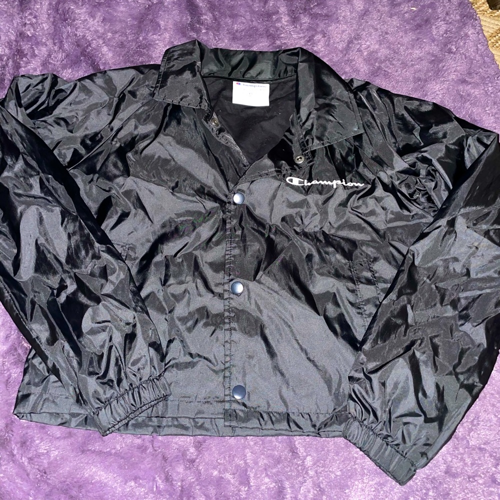 Women's Champion Crop Jacket Black Snap Down Windbreaker Athleisure